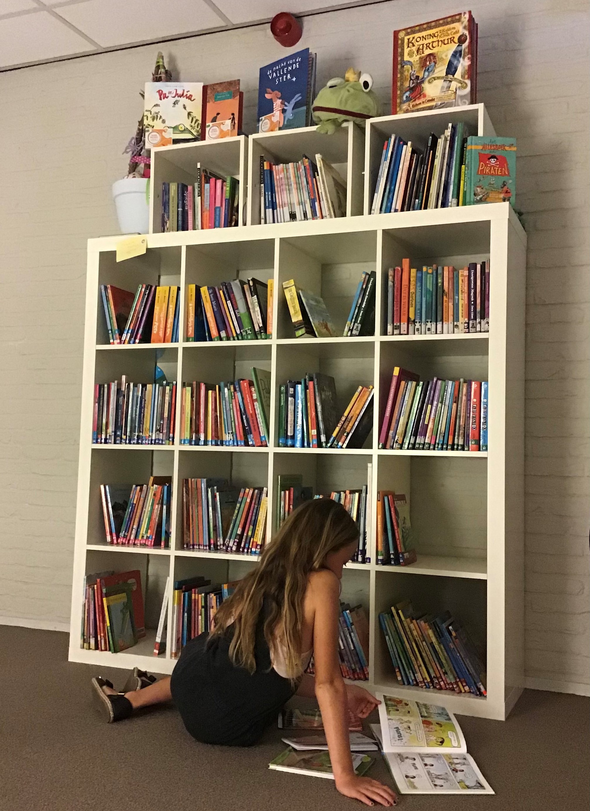 Afbeelding van een meisje dat een stripboek leest bij een boekenkast