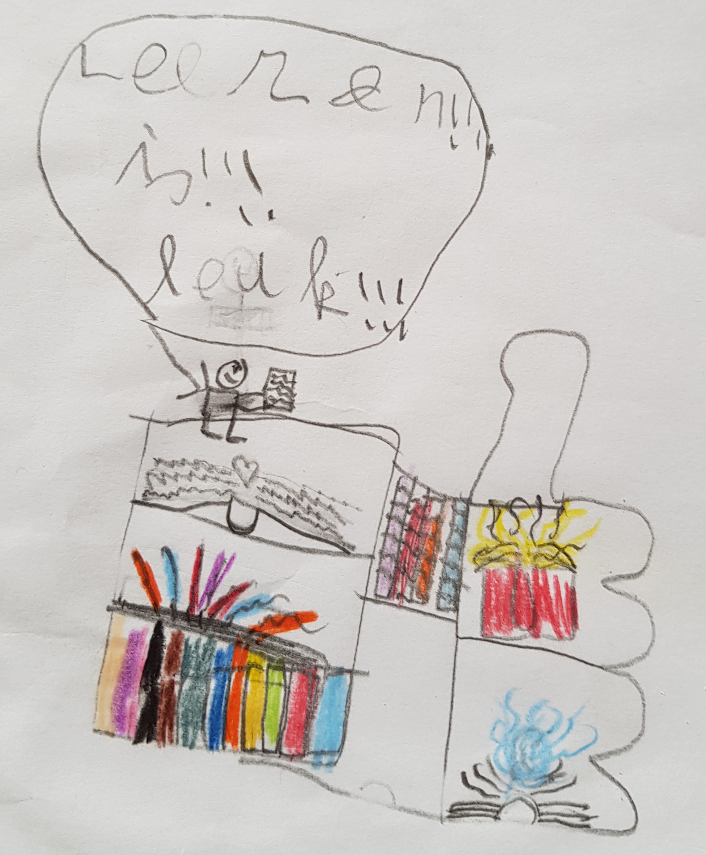 Afbeelding van een kindertekening met de tekst: Lezen is leuk!