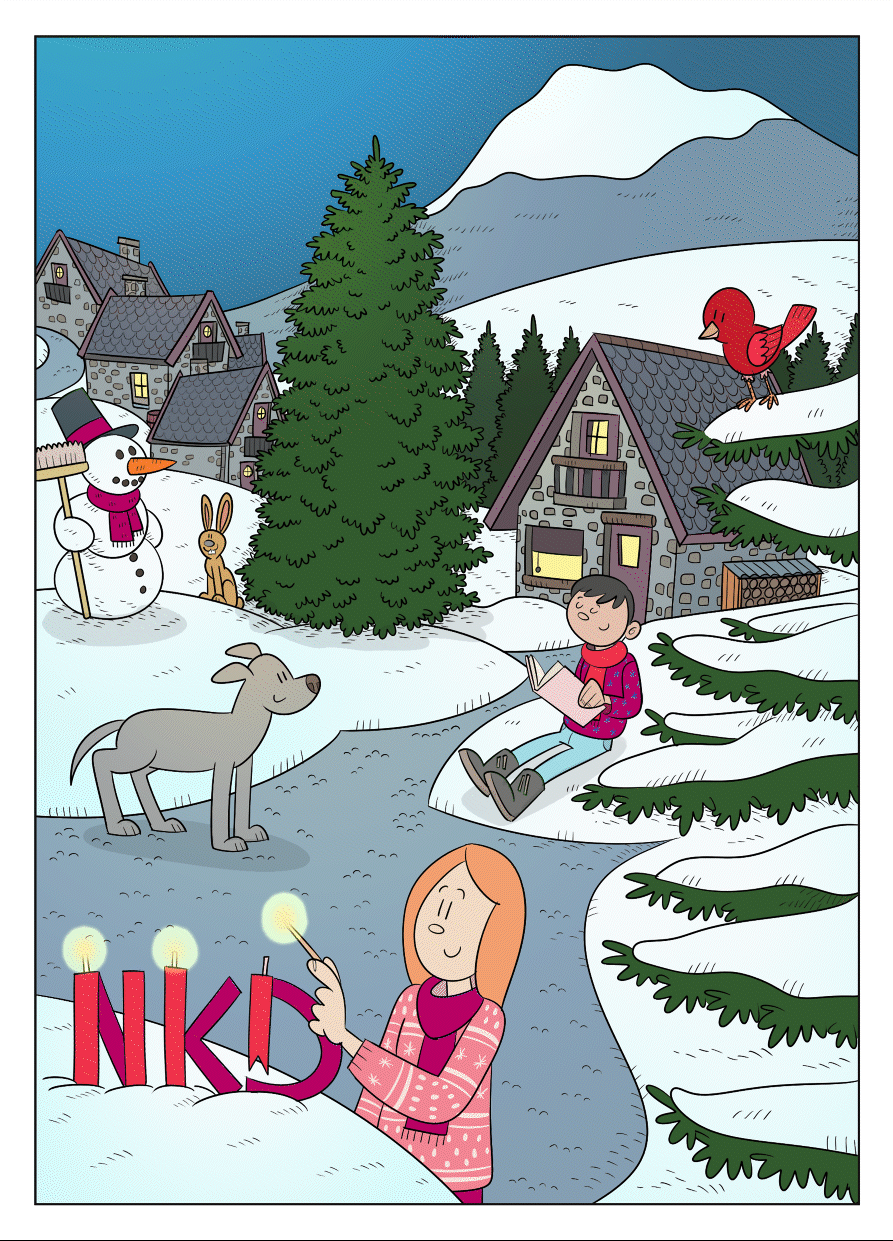 Afbeelding van een winterlandschap waarin een meisje een NKD-kaars aansteekt.